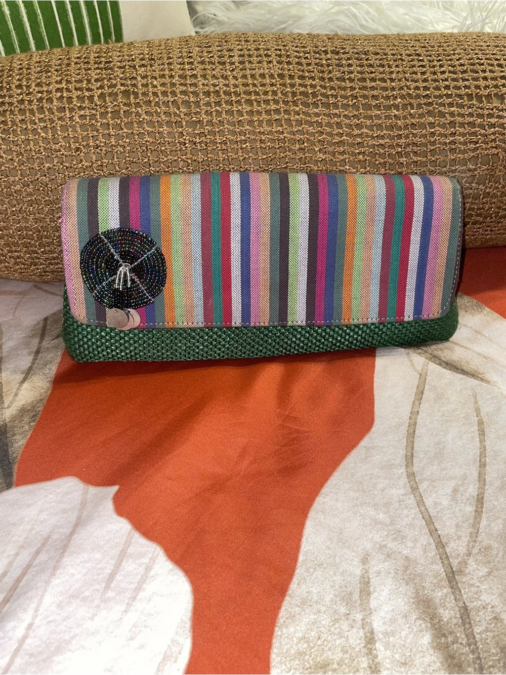 Striped Multicolor Clutch with Green Trim